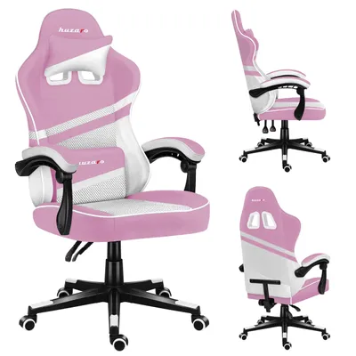 A pink and white gaming chair is shown from multiple angles against a white background.