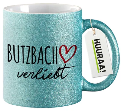 Produktbild von Huuraa Glitzertasse Butzbach verliebt 330ml Blau Keramik Kaffeebecher Geschenkidee
