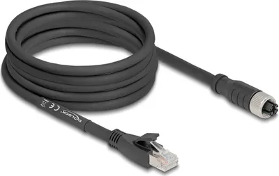 Produktbild von Delock M12 Kabel X-kodiert 8 Pin Buchse zu RJ45 Stecker Cat.5e S/FTP flexibel 5 m schwarz