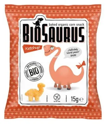Chrupki kukurydziane Dinozaury o smaku ketchupowym BEZGL. BIO 15 g BioSaurus