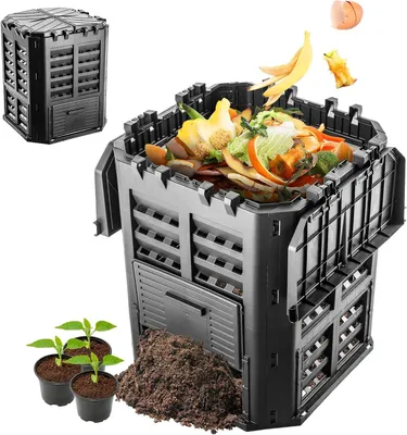 Zdjęcie produktu dla Kompostownik ogrodowy - pojemnik na odpady organiczne - kompostowanie odpadów - odporny na warunki atmosferyczne, wykonany z tworzywa sztucznego - pojemność 360 litrów - kolor czarny