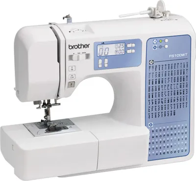 A close-up, slightly angled studio shot of a white Brother FS100WT sewing machine against a white background.