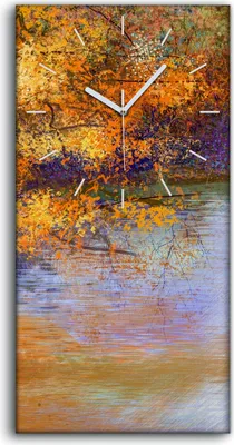 Produktbild von Leinwand Uhr Küche Wohnzimmer Bild 30x60 Malerei Landschaft bunte Herbst Bäume - weiße Hände