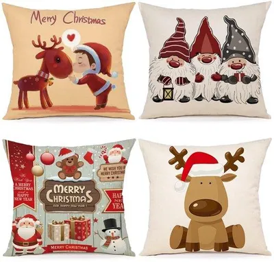 Produktbild von Unyqoos® 4er-Set Weihnachts-Kissenhüllen aus Leinen‑Mischgewebe, 45 x 45 cm, atmungsaktiv & maschinenwaschbar, mit verdecktem Reißverschluss