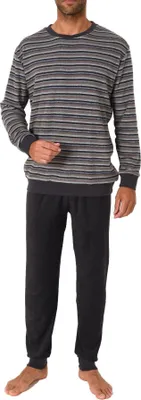 Produktbild von Herren Frottee Pyjama Schlafanzug mit Bündchen - Streifenoptik - 212 101 13 762 ; braun , 58