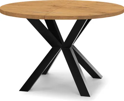 A round dining table with a wooden top and a black metal base.