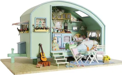 Produktbild von Habarri | Miniaturhaus - DIY-Puppenhaus - Holzhaus mit Möbeln und LED-Beleuchtung - Geschenk für Kinder - Urlaub auf dem Campingplatz