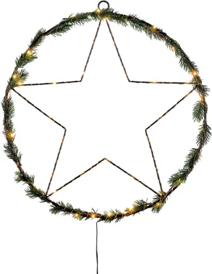 Image de Étoile en métal noir avec décoration de sapin - 40 cm - batterie / minuterie / extérieur