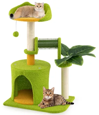 Produktbild von GOPLUS Kratzbaum klein, Katzenturm mit großen Plattformen, Katzenhöhle, Sisal-Kratzpfosten, Pflegebürste, Kletterbaum mit Ball für Kätzchen (79 cm)