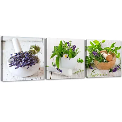 Image de Ensemble de peintures sur toile Herbes dans la cuisine 120x40 cm Feeby verte Fresque murale prête à accrocher
