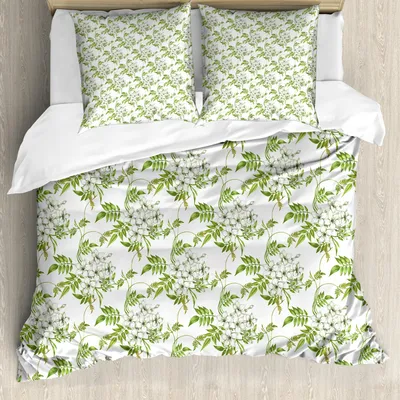 Produktbild von ABAKUHAUS Jasmin Bettbezug Set, Nostalgisches Blumenmuster mit blühenden Blumen auf Niederlassungen, 200 x 200 cm + 80 x 80 cm, Lindgrün Grau Weiß