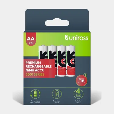 Productafbeelding van Uniross Ni-MH AA HR6 oplaadbare batterijen, 2500mAh, 4 stuks.
