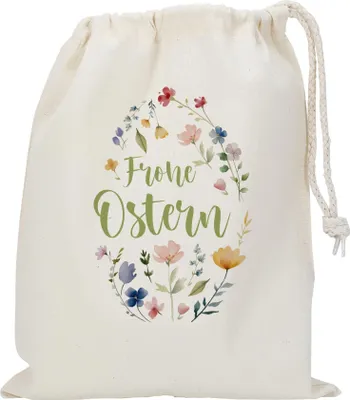 Produktbild von Stoffbeutel zu Ostern aus Baumwolle - Geschenksack mit Oster-Motiv (Blumen)