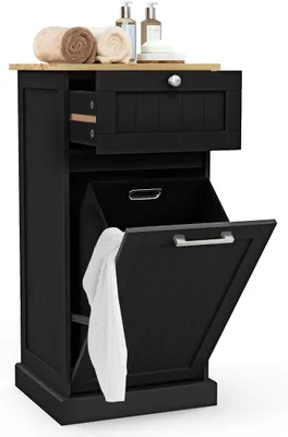 Imagen del producto de Armario independiente para ropa, armario de baño con cesto para ropa y cajón, organizador de ropa con tapa de bambú, mueble de baño, 40 x 37 x 82 cm ()