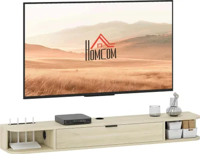 Image de Meuble TV mural - Armoire TV - Porte abattante - 2 compartiments ouverts - Gestion des câbles - Pour TV jusqu'à 152 cm - 140×24×16 cm - Bois naturel