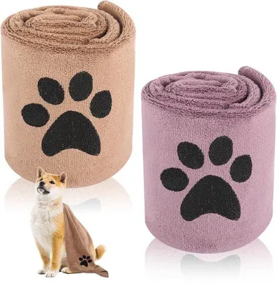 Zdjęcie produktu dla Zestaw 2 szybkoschnących, wysoce chłonnych ręczników dla zwierząt domowych – 75 x 35 cm, fioletowy i brązowy, miękkie i wytrzymałe, idealne dla psów i kotów