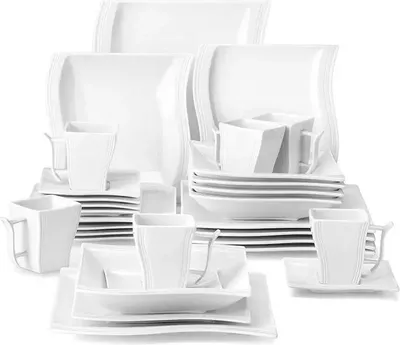 Obrázok produktu pre Sada riadu – 30 kusov – Biely porcelán – Štvorcové taniere a šálky – Minimalistický štýl