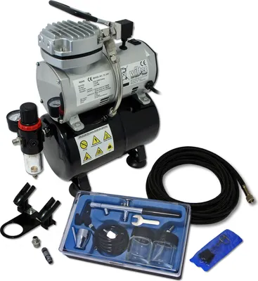 Image de Wiltec Kit Airbrush avec compresseur AS 189 – réservoir 3 L 30 l/min – Pistolet aérographe 128, Godets & Accessoires – pour débutants et professionels – Aérographie, Tatouage, Nail Art, Peinture