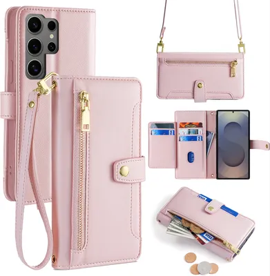 A collage of images showing a pink leather phone case with a wallet and strap.