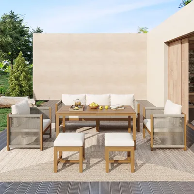 Immagine prodotto di Set da giardino Fliek per 7 persone, set di mobili da giardino 6 pezzi con design in corda, set di mobili da balcone lounge, mobili da terrazza con tavolo, set da pranzo da giardino, beige
