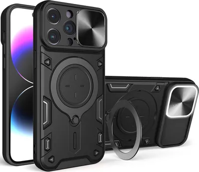 A black iPhone case with a camera lens protector and a ring stand is shown from two angles against a white background.