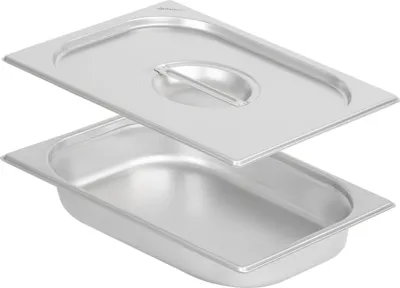 A stainless steel food pan and lid, presented separately.