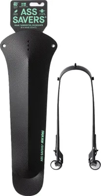 A black bicycle fender and its mounting bracket are displayed against a white background.