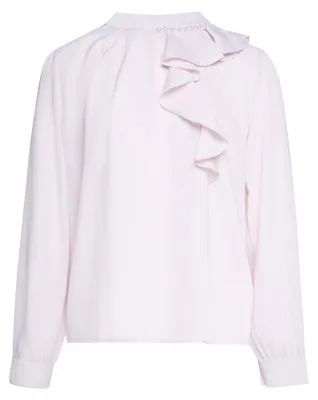 Produktbild von Damen Bluse lila aus glattem Satin mit Stehkragen, Rüschen und Perlen