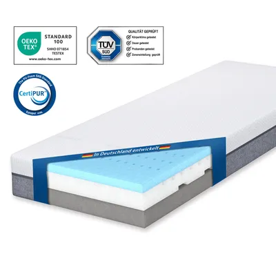 A cutaway view of a mattress showing its internal layers, with certification logos and text overlays.