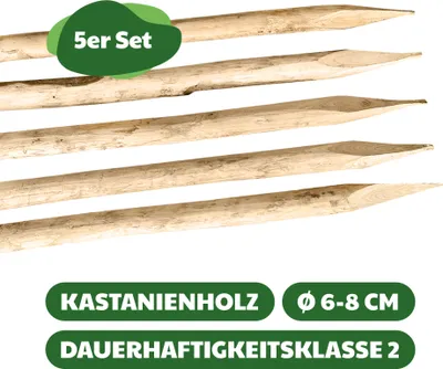 Produktbild von 5 Stk. Pfähle aus Kastanie, Länge 150 cm, Durchmesser 6-8 cm