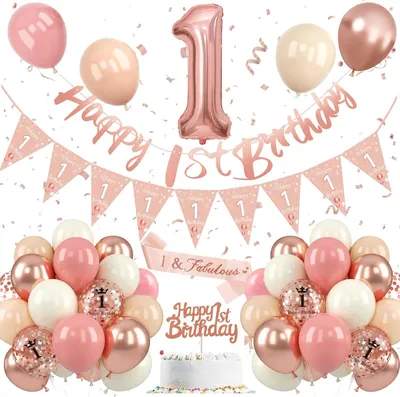 Immagine prodotto di Set per il primo compleanno, color oro rosa, composto da 24 pezzi, con striscione e decorazioni per feste di bambini