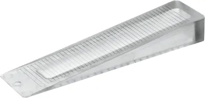 A clear, professional studio shot of a single transparent plastic door wedge.
