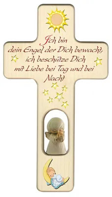Holzkreuz mit Engel, 20x11 cm, Wanddeko für Kinderzimmer