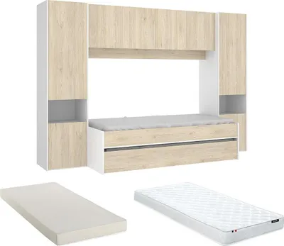 Produktbild von Ausziehbares Bett SELENA - 90x190 cm - Farbe: Eiche und Weiß + Matratze