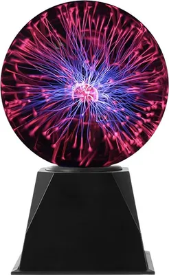 A plasma ball sits on a black base against a white background.