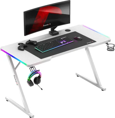 Zdjęcie produktu dla huzaro Hero 2.5 | oświetlenie RGB LED biurko biurko | uchwyt na kubek uchwyt na słuchawki | port USB do ładowania | karbonowy blat 120x60cm | biały