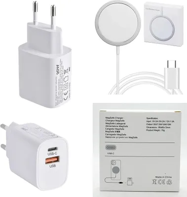 Produktbild von 20W USB-C Power Adapter Schnellladegerät + 15W Magsafe Charger für iPhone 15 14 12 13 Pro Max Mini