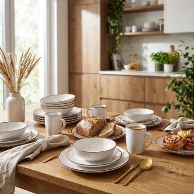 Produktbild von 24 tlg. Kombiservice Tafelservice + 6 Bechern weiss mit Punkte Design Geschirrset Tafelset Geschirr 6 Personen Essservice Tellerset 24tlg.