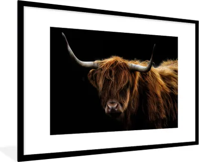 Produktbild von MuchoWow® MuchoWow® Gerahmtes Poster Schottisches Hochlandrind - Hörner - Schwarz - Tiere - Natur - Wild - Kuh 90x60 cm - Poster mit zchwarzem Bilderrahmen - Wanddekoration - Fotos