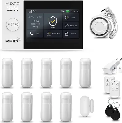 Produktbild von HUXGO HXA007 Alarmanlage Haus WiFi + GSM 4G LTE mit Sirene, Alarm System mit 9x Bewegungssensor und 1x Tür-Fenstersensor, Alarmanlage für Wohnung, Haus, Garage, Tuya Smartlife App