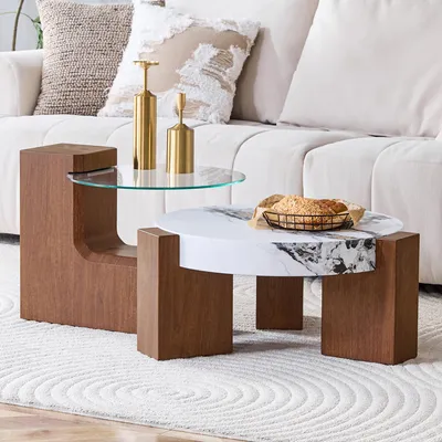 Produktbild von Trennbares Couchtisch-Set, Nussbaumoptik + 0,6 cm transparentes Sicherheitsglas, MDF