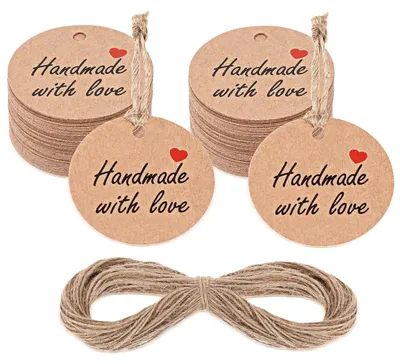 Productafbeelding van Cadeaulabels - Kraftpapier - 3 x 3 cm - Hand made with love - 100 stuks