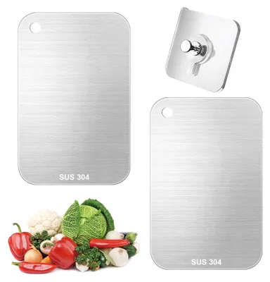 Image de Lot de 2 planches à découper en acier inoxydable, planches à découper en titane, planches à découper double face pour la cuisine, planches à découper en acier inoxydable pour la viande, les légumes et les fruits + 2 crochets