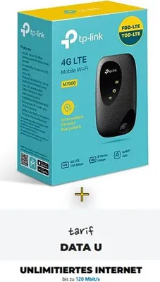 The image shows the retail packaging of a TP-Link M7000 mobile Wi-Fi device, along with promotional text about an internet tariff.