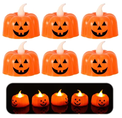 6 LED-Pompoen-Theelichtjes, flammenlos, orange, 5x4,5 cm