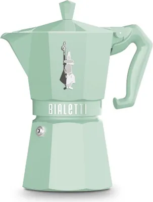 A mint green Bialetti Moka pot is shown against a white background.