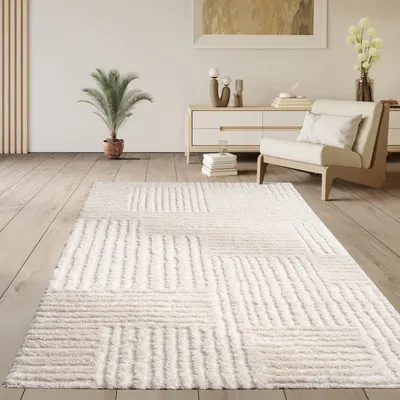 Image de Tapis à poils longs Salon Shaggy Scandinave Boho Uni Géométrique Crème Dimensions 160x220 cm