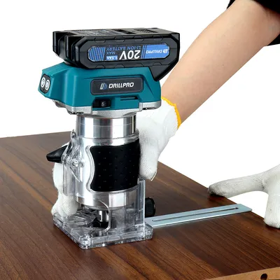 Produktbild von Drillpro Akku-Trimmer, 350W, variable Geschwindigkeit 3000-30000 U/min, einstellbare Schnitttiefe, Holz Oberfräse Kantenfräse mit 2 Akkus