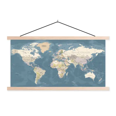 Produktbild von MuchoWow® Textilposter Weltkarte - Atlas - Blau 60x30 cm mit holzfarbenen Rahmen - Dekoration