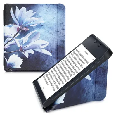 Produktbild von kwmobile Kunstleder eReader Schutzhülle für Kobo Libra 2 Hülle - Falt Cover für E-Reader in Weiß Grau Blau - Magnolien Marmor